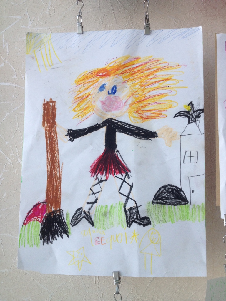 children's artwork, the little witch, pastels