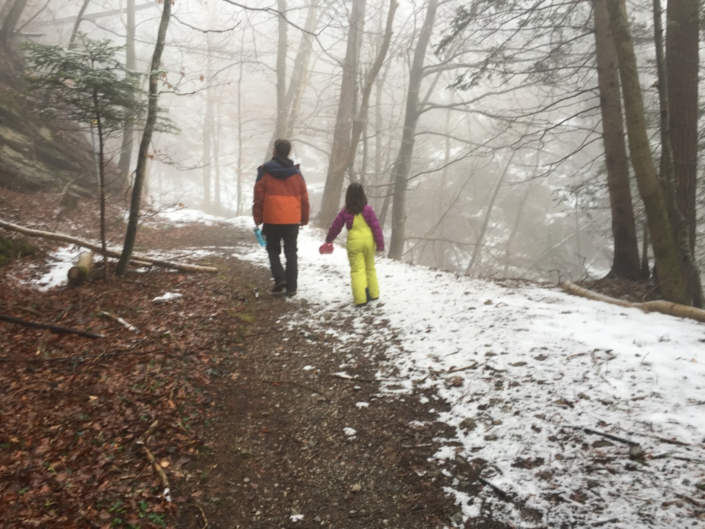 europe, trail, hiking, kid, father and daughter hiking, snow pants, winter hiking, woods
