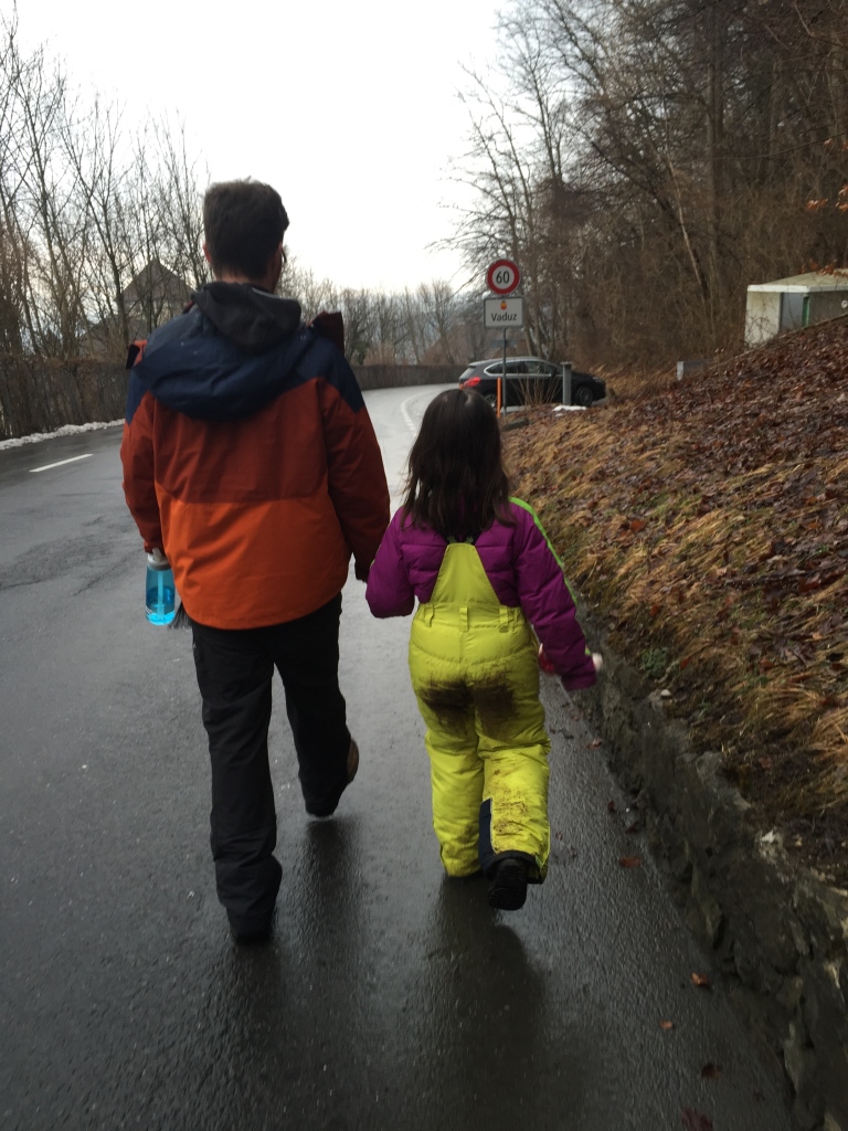 dirty pants, snow pants, winter hiking, father and daughter