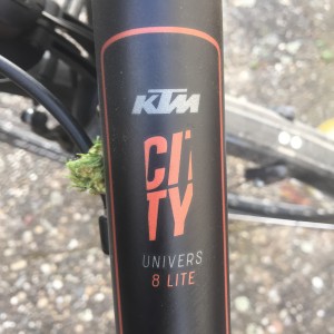 The bike provides a constant reminder that it is a city bike, right within my field of vision as I ride.  And I'm going to guess that's a leaf of patch of grass stuck in the frame in this photo.  Because I don't know what "city bike" means.